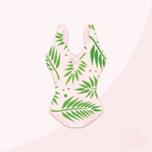 Clipart of a one piece pink bathing suit with thick straps and a criss cross laced detail on the chest with a green palm leaf print all over.