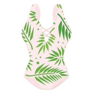 Clipart of a one piece pink bathing suit with thick straps and a criss cross laced detail on the chest with a green palm leaf print all over.