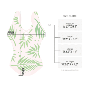 Clipart of a one piece pink bathing suit with thick straps and a criss cross laced detail on the chest with a green palm leaf print all over with size guide.