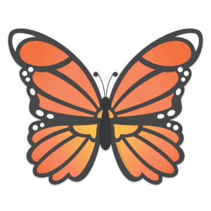 Clipart of an orange, yellow and black monarch butterfly.