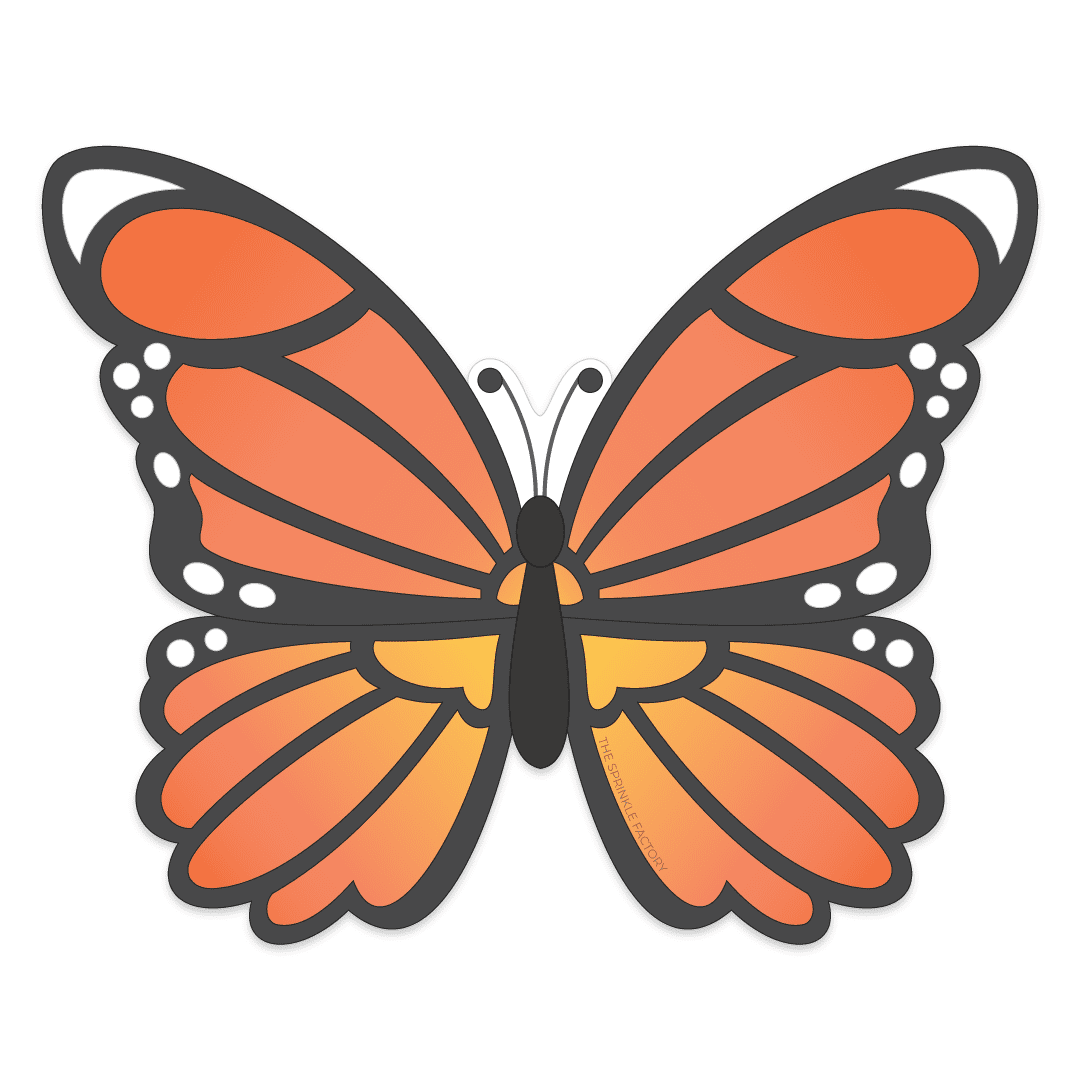 Clipart of an orange, yellow and black monarch butterfly.