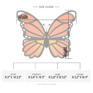 Clipart of an orange, yellow and black monarch butterfly with size guide.