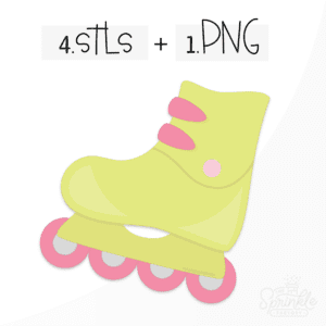 Clipart of a neon green rollerblade with pink straps and wheels.