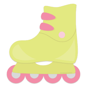 Clipart of a neon green rollerblade with pink straps and wheels.