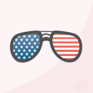 Clipart of aviator style sunglasses with black frames and blue lenses with white starts on the left eye and red and white strip lenses on the right.