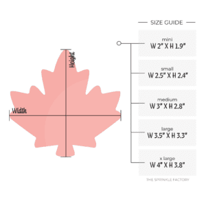 Clipart of a red maple leaf for Canada day with size guide.