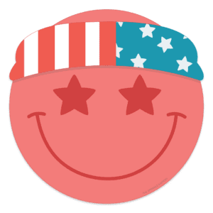Clipart of a red smiley face with start shaped red eyes and mouth with a red and white striped and blue with white stars bandana.