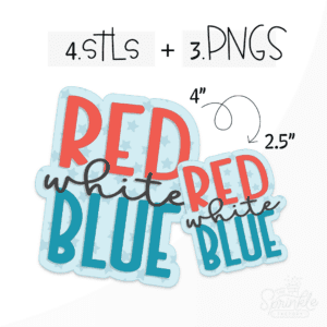 Clipart or the words RED (in red) white (in cursive black letters) and BLUE (in blue) stacked vertically with an offset light blue background with stars.