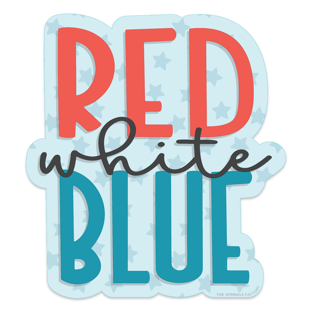 Clipart or the words RED (in red) white (in cursive black letters) and BLUE (in blue) stacked vertically with an offset light blue background with stars.