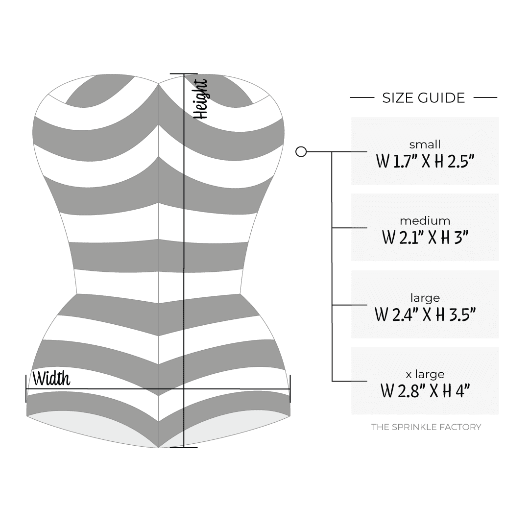 Clipart of a black and white striped strapless doll romper with size guide.