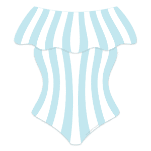 Clipart of a one piece strapless swimsuit with a large ruffle over the chest in a light but and white vertical stripe.
