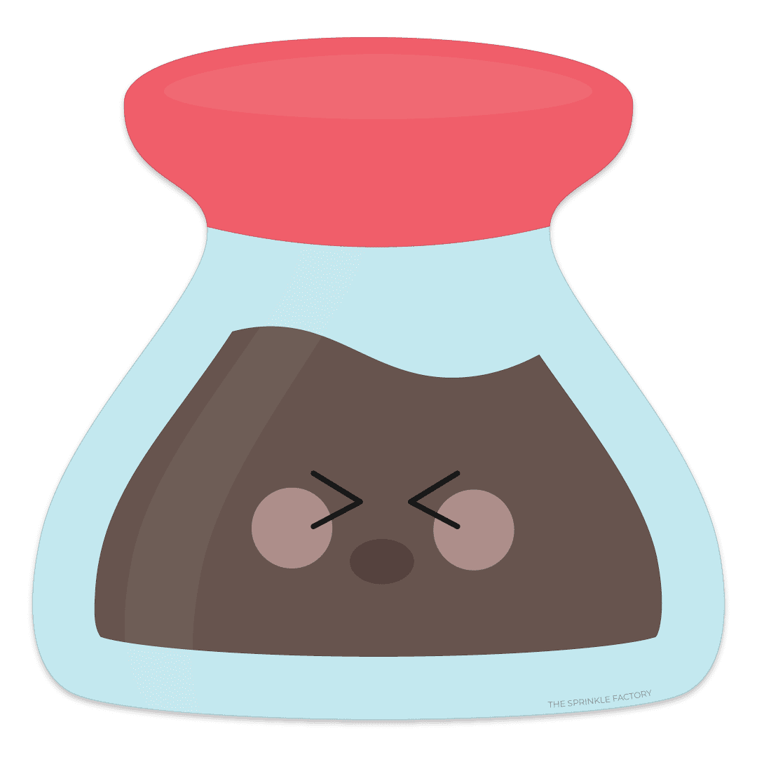 Clipart of a blue glass soya sauce bottle with red top and dark brown sauce.