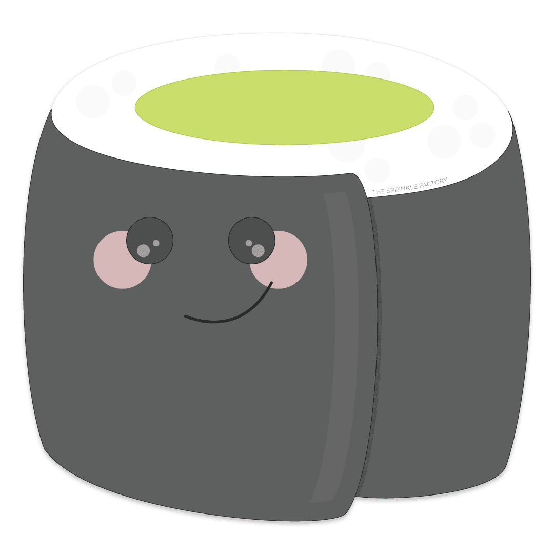 Clipart drawing of a cartoon sushi with black around the outside, white rice and green in the middle.