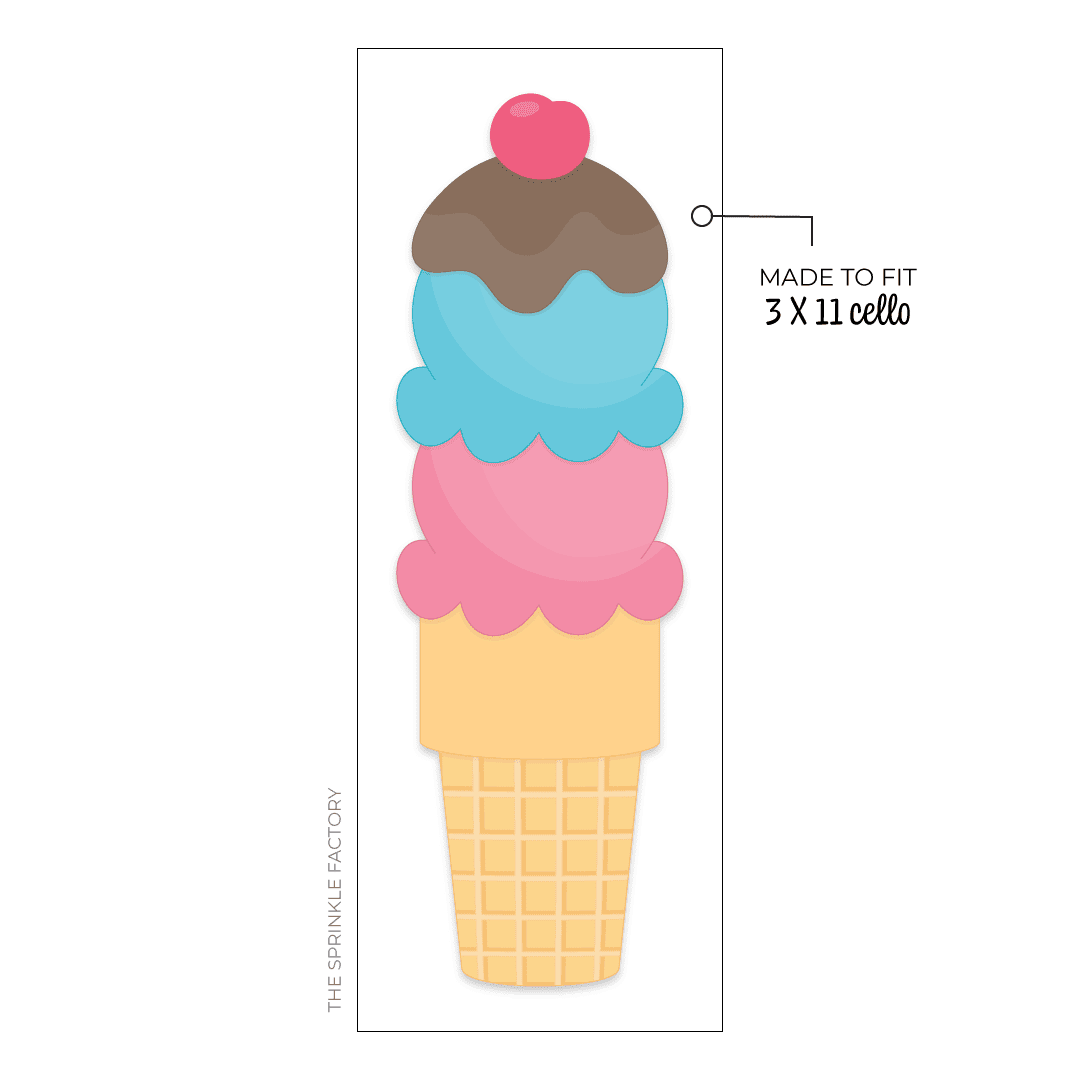 Clipart of a 2 scoop ice cream cone on a classic golden cone with a pink and blue scoop with brown fudge topping and a red cherry.