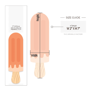 Clipart of a tall skinny orange popsicle with lighter orange cream near the bottom on a wooden stick with size guide.