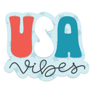 Clipart of the lettering USA in red white and blue with vibes below in black cursive lettering with a blue start offset background.