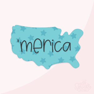 Clipart of the outline shape of the USA in blue with a blue star print on it and the words 'merica in lower case black letters across the middle.