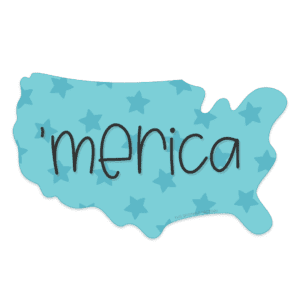 Clipart of the outline shape of the USA in blue with a blue star print on it and the words 'merica in lower case black letters across the middle.