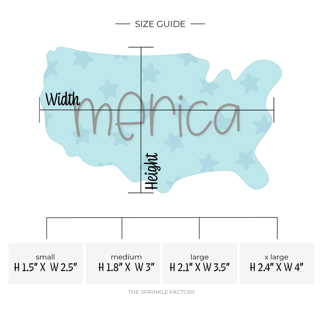 Clipart of the outline shape of the USA in blue with a blue star print on it and the words 'merica in lower case black letters across the middle with size guide.