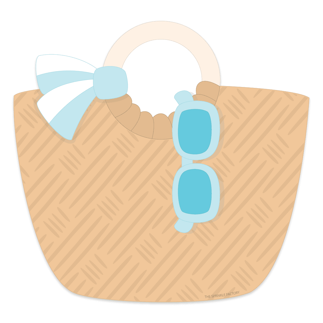 Clipart of a brown straw woven beach bag with a round wooden handle, blue framed sunglasses hanging from the side and a blue and white stripped scarf tied around the handle.