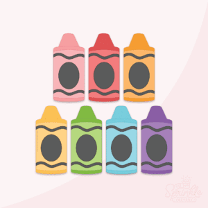 Clipart image of 7 short chunky crayons in each color of the rainbow lined up in two rows.