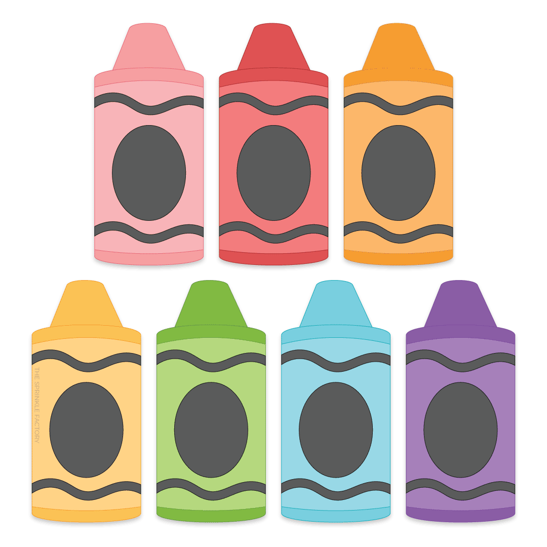 Clipart image of 7 short chunky crayons in each color of the rainbow lined up in two rows.