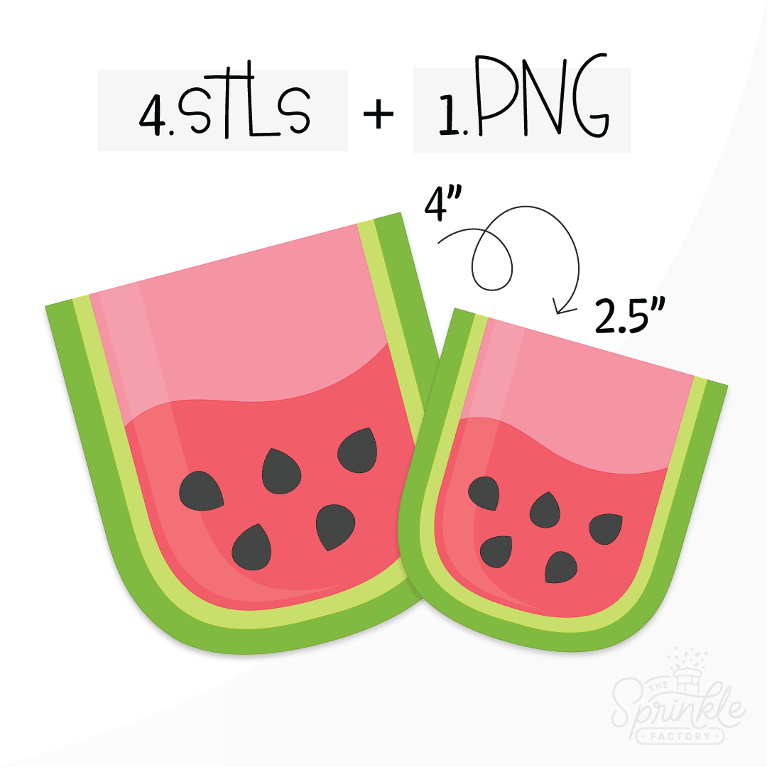 Clipart of a U shaped watermelon slice with dark and light green skin and a two ton pink inside with black seeds.