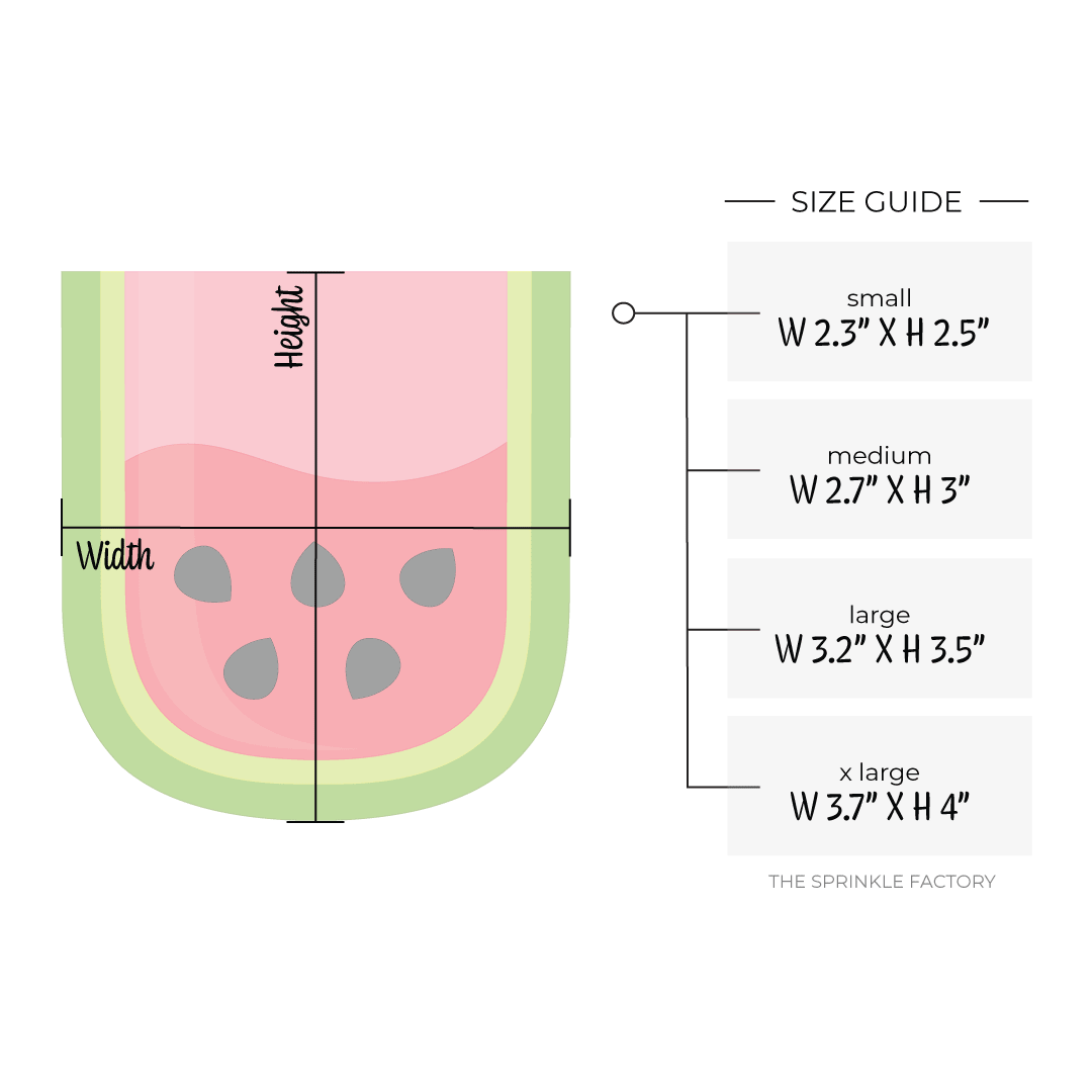Clipart of a U shaped watermelon slice with dark and light green skin and a two ton pink inside with black seeds with size guide.