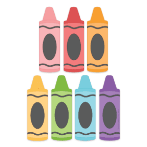 Clipart image of 7 crayons in each color of the rainbow lined up in two rows.