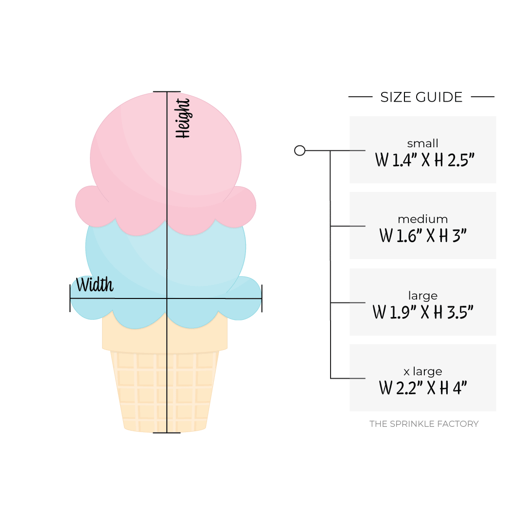 Clipart of a classic golden ice cream cone with a scoop of blue ice cream with a scoop of pink ice cream on top with size guide.