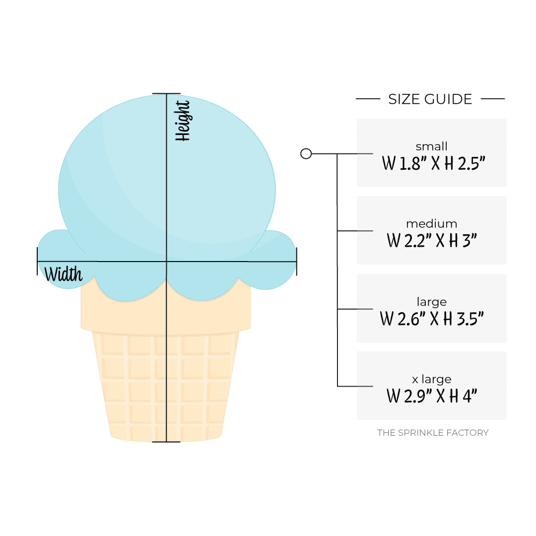 Clipart of a classic golden ice cream cone with a scoop of blue ice cream with size guide.