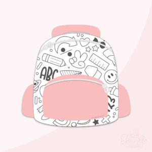 Clipart of a white backpack with a black doodle print on it with a pink pocket and handle.