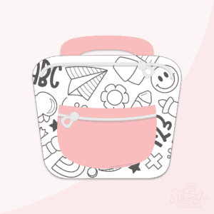 Clipart of a white lunch box with a black doodle print on it with a pink pocket and handle.
