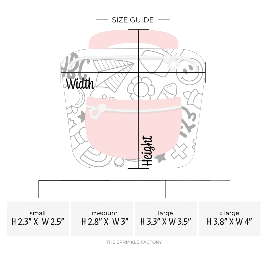 Clipart of a white lunch box with a black doodle print on it with a pink pocket and handle with size guide.
