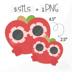 Clipart of a red apple with brown stem and green leaf wearing light pink flower sunglasses with small hands giving a thumbs up.