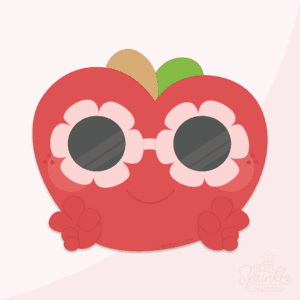 Clipart of a red apple with brown stem and green leaf wearing light pink flower sunglasses with small hands giving a thumbs up.