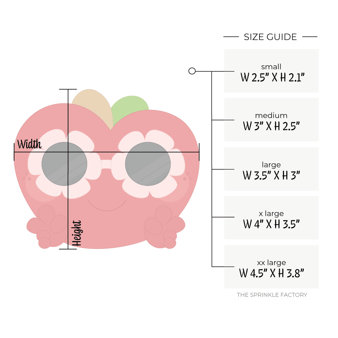Clipart of a red apple with brown stem and green leaf wearing light pink flower sunglasses with small hands giving a thumbs up with size guide.