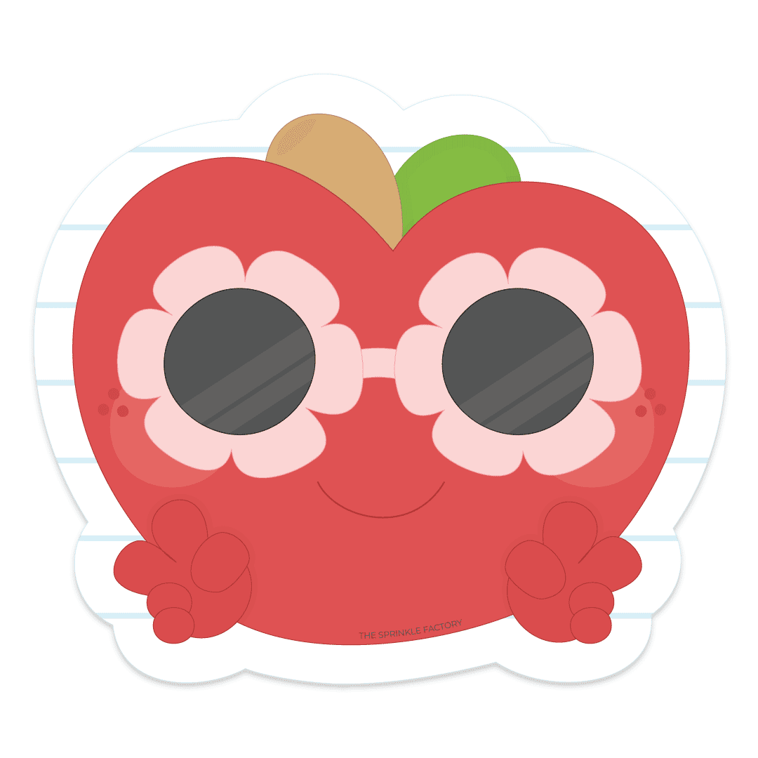 Clipart of a red apple with brown stem and green leaf wearing light pink flower sunglasses with small hands giving a thumbs up in front of an offset white and blue line paper background.