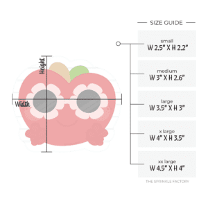 Clipart of a red apple with brown stem and green leaf wearing light pink flower sunglasses with small hands giving a thumbs up in front of an offset white and blue line paper background with size guide.