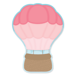 Clipart of a pink hot air balloon in 3 shades of pink with a brown basket with an offset blue background with clouds.