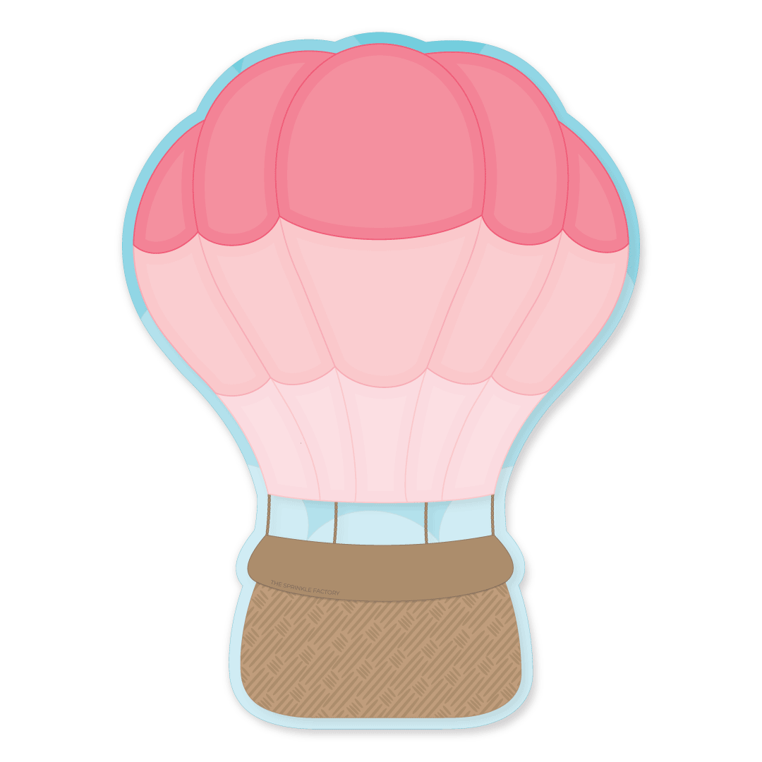 Clipart of a pink hot air balloon in 3 shades of pink with a brown basket with an offset blue background with clouds.