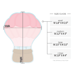 Clipart of a pink hot air balloon in 3 shades of pink with a brown basket with an offset blue background with clouds and size guide.