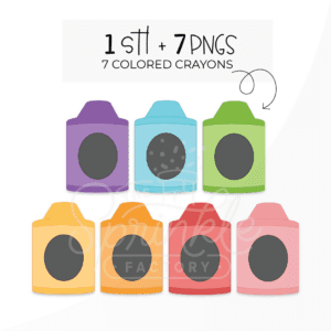 Clipart image of 7 short chubby crayons in each color of the rainbow lined up in two rows with text above in the center.