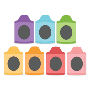 Clipart image of 7 short chubby crayons in each color of the rainbow lined up in two rows.
