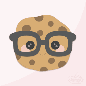 Clipart of a light brown cookie with dark brown chocolate chips and black nerdy glasses.