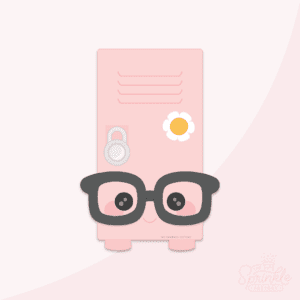 Clipart of a light pink locker wearing black nerdy classes with a silver locker lock and white daisy with yellow center.