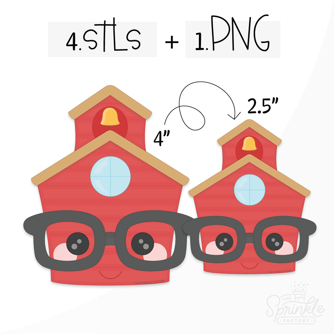 Clipart of a cartoon red school house with black glasses, a brown roof, blue circle window and a gold bell.