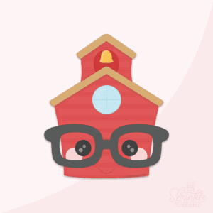 Clipart of a cartoon red school house with black glasses, a brown roof, blue circle window and a gold bell.