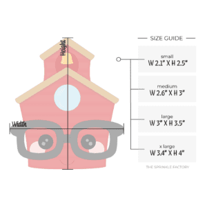 Clipart of a cartoon red school house with black glasses, a brown roof, blue circle window and a gold bell with size guide.