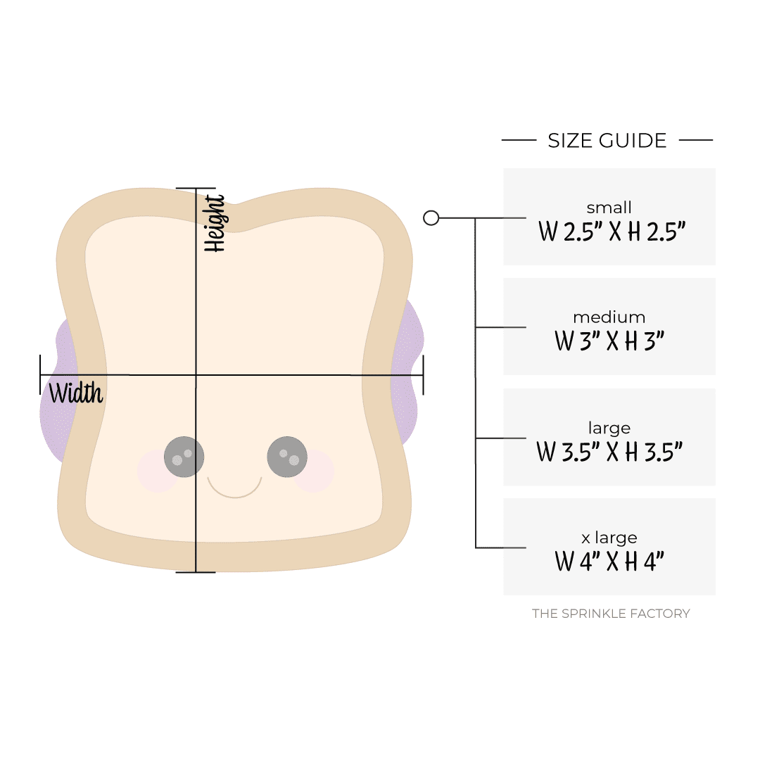 Clipart of a brown Peanut Butter Sandwich with dark brown crust and purple jelly with size guide.
